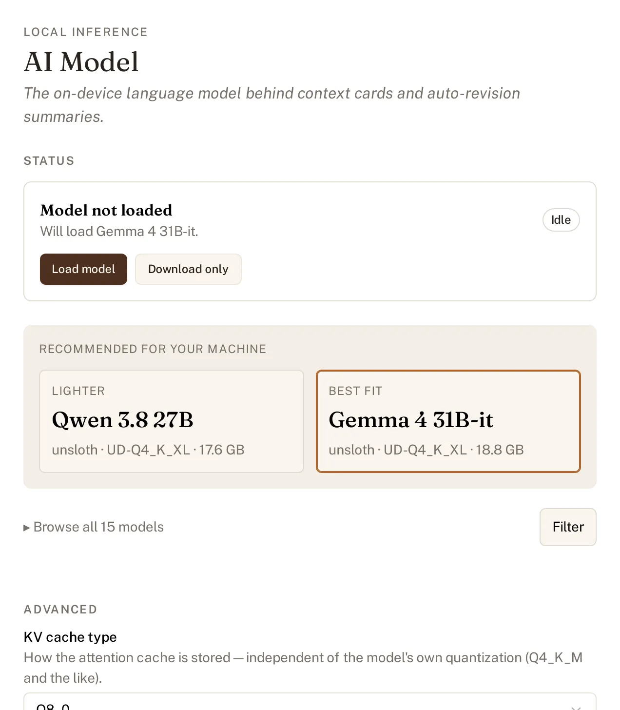 The AI Model settings pane shows model recommendations for this Mac.