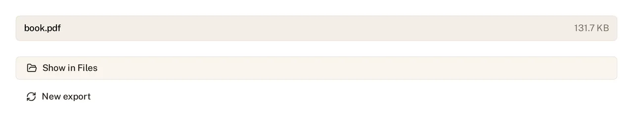 A finished PDF export is listed with options to show it in the file manager or start a new export.