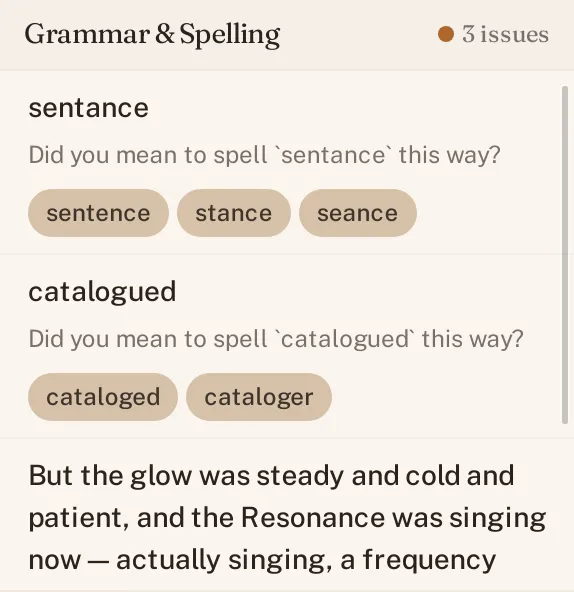 The Grammar and Spelling panel shows an issue and a one-click correction.
