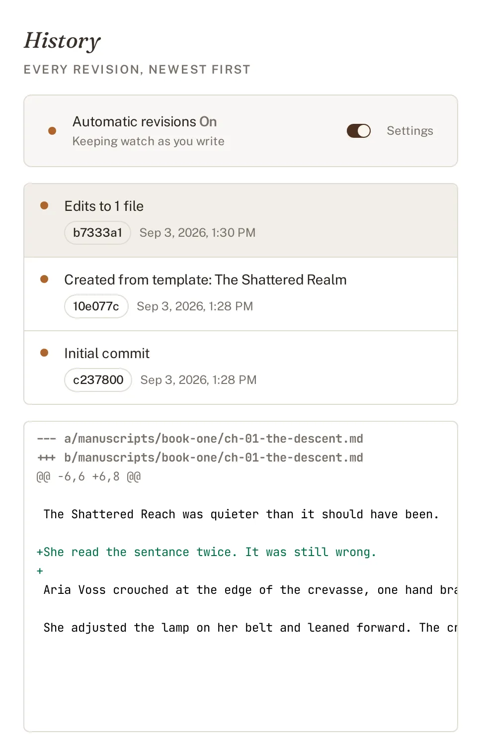 The History page shows saved revisions and the line-by-line changes in the selected revision.