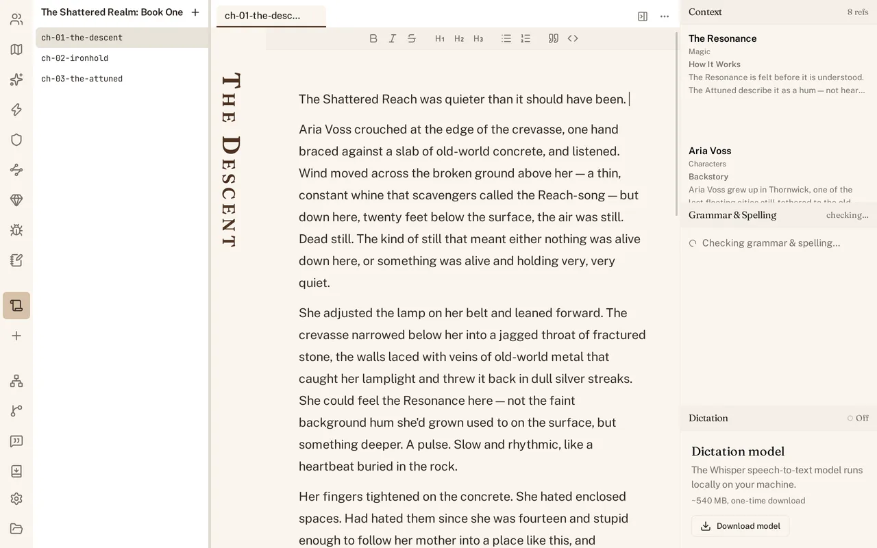World Builder with a manuscript chapter open beside a Context pane showing the world entries mentioned in it.